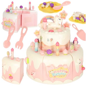 Interactive Two-Tier Birthday Cake Toy with Lights and Music, 16 pcs, Pink