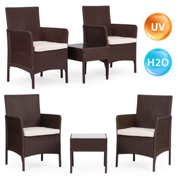 MultiGarden Garden Bistro Set with 2 Armchairs and Glass Top Table, Brown