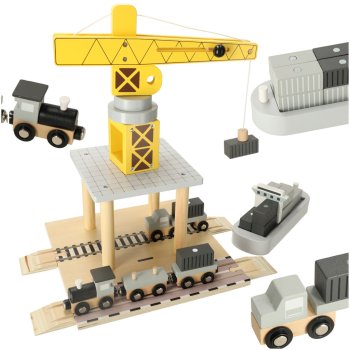 Wooden Seaport Crane Playset with Ship, Train, and Truck