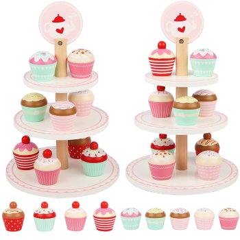 Wooden Cupcake Set with Two-Tier Stand for Kids Toy Kitchen