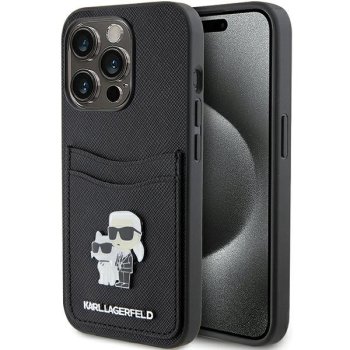 Apple iPhone 15 Pro 6.1" Karl Lagerfeld Saffiano Cardslot Karl&Choupette Metal Pin Case Cover, Black