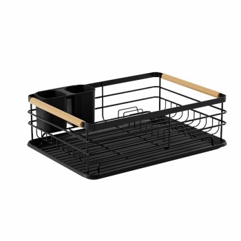 Dish Drying Rack with Drainboard Tray and Wooden Handles, Black