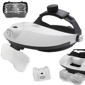 Headband Magnifier with 2 LED Lights and 5 Interchangeable Lenses, 1x-6x