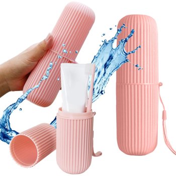 Travel toothbrush and toothpaste case with rinse cup, pink