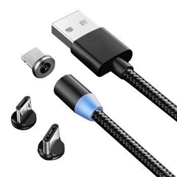 Magnetic 3-in-1 Charging Cable Micro USB Type-C Lightning 1m Black