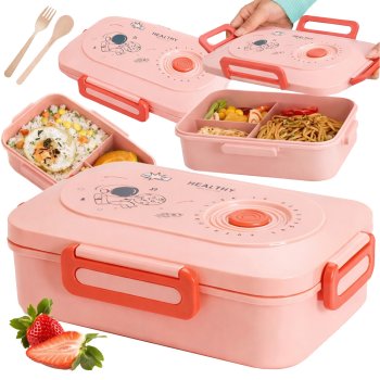 Bento Lunch Box with 3 Compartments and Utensils for Work and School, Pink