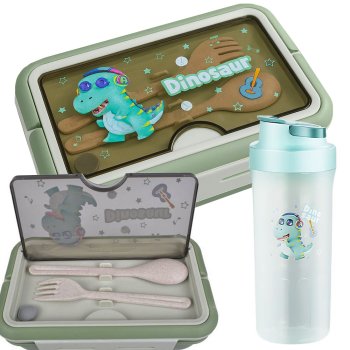 Kids Bento Lunch Box Set with 500ml Water Bottle and Utensils for School, green