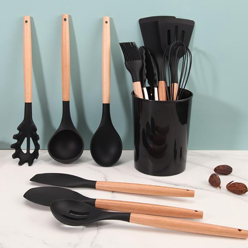 Kitchen Utensil Set 12 pcs, Silicone + Wood, Black (0)