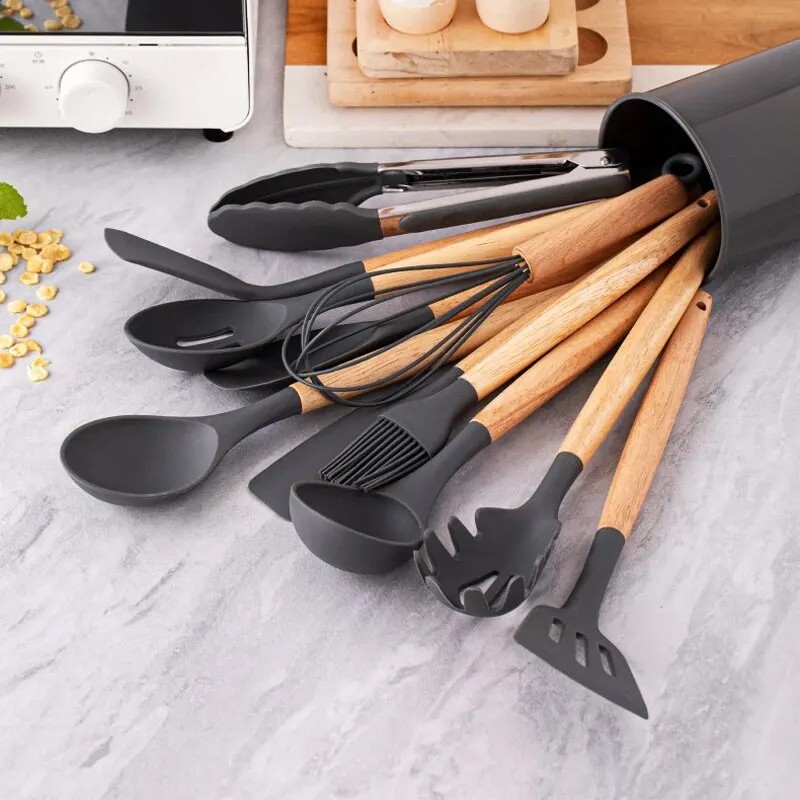 Kitchen Utensil Set 12 pcs, Silicone + Wood, Black (1)