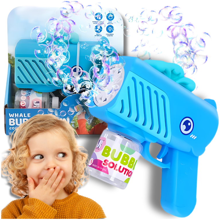 Whale Bubble Gun Blower with Solution and Lights for Kids, Blue
