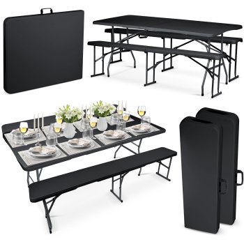 Plonos Black Folding Garden Outdoor Catering Furniture Set: Table 180 cm + 2 Benches