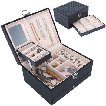 Large jewelry box organizer with mirror and key, black