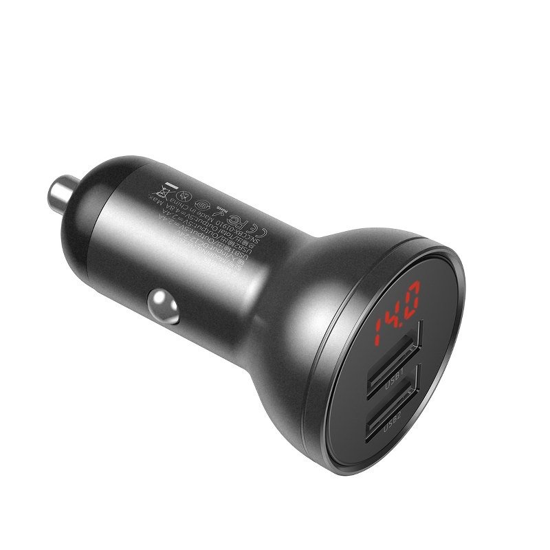 Baseus Digital Display Car Charger Dual Port USB, 24W, 3A, Gray + USB 3in1 Cable (3)