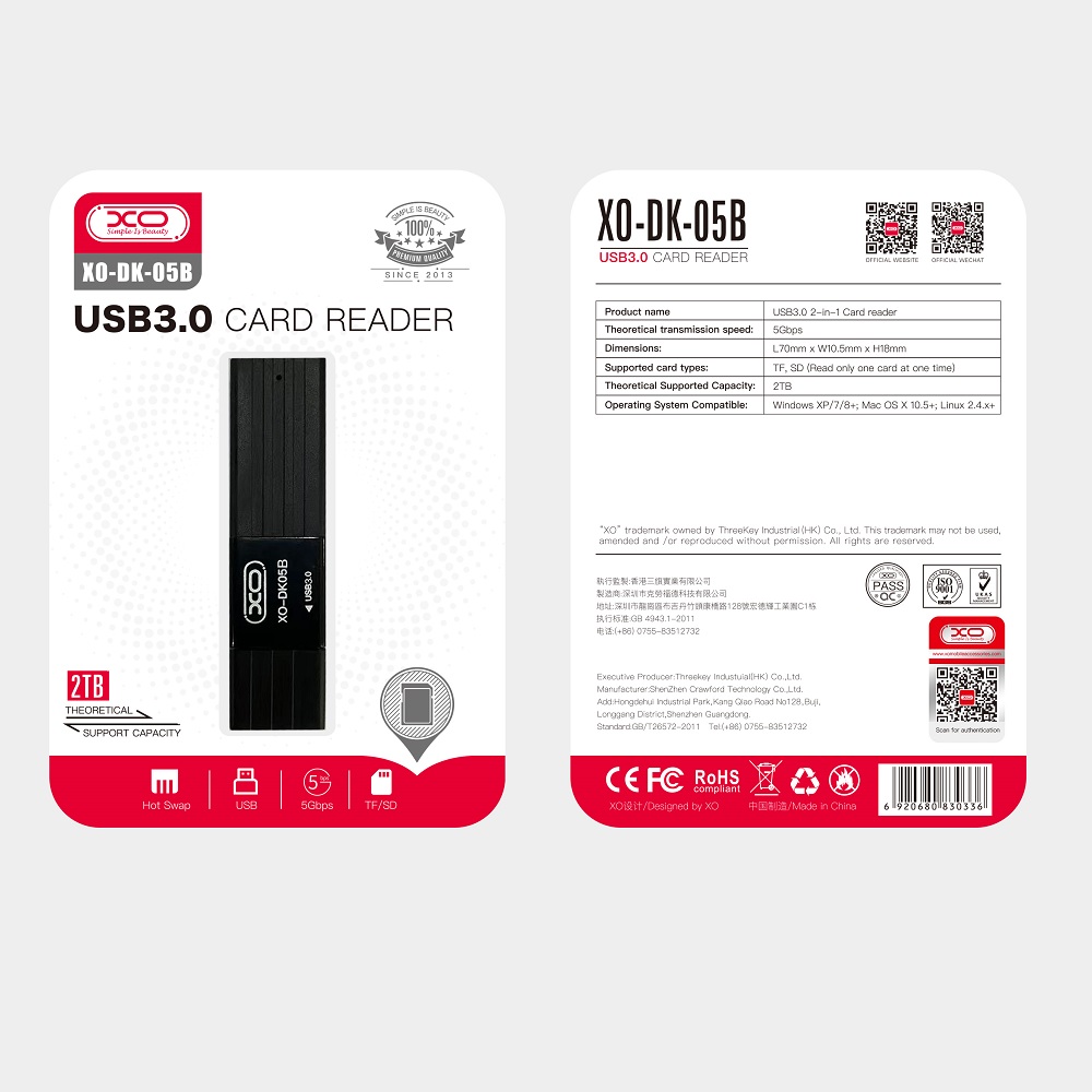 USB 3.0 SD and MicroSD Card Reader XO DK05B, black (0)