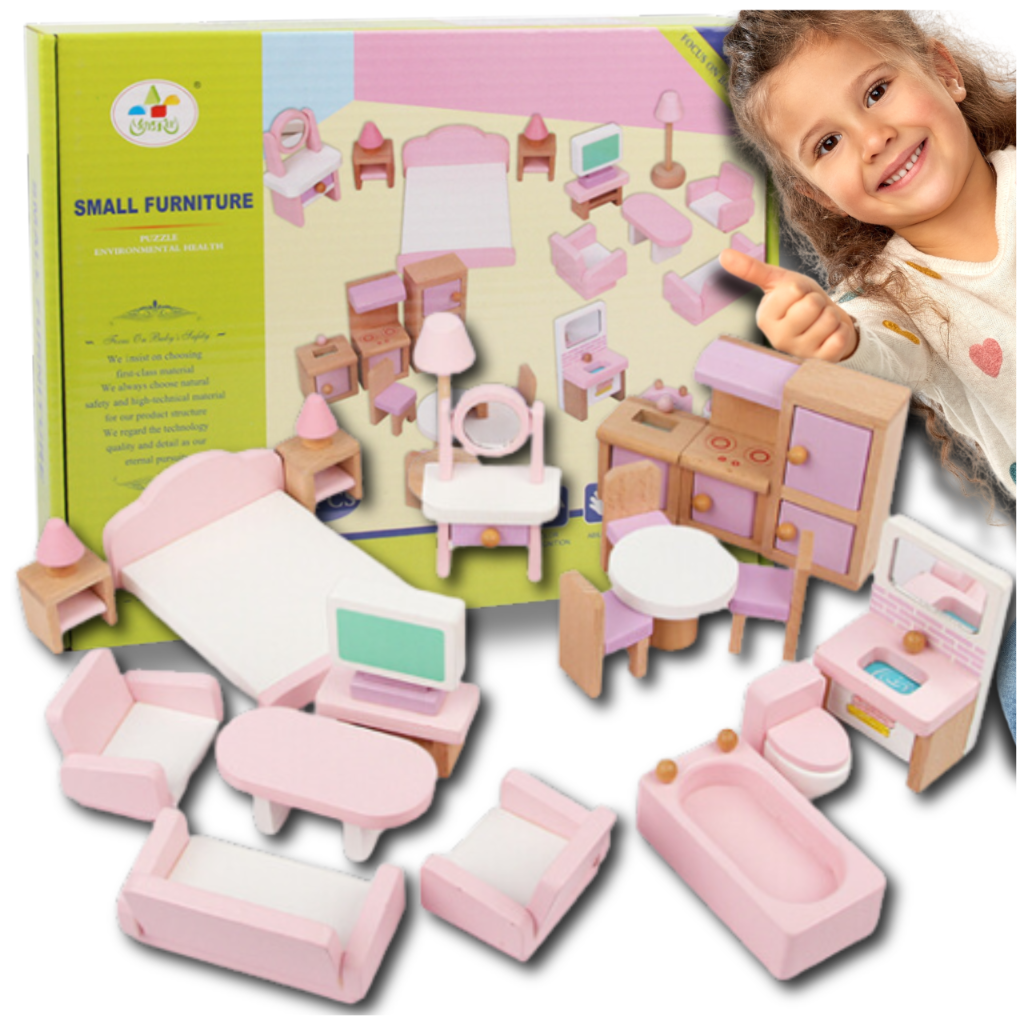 Wooden Dollhouse Furniture, Set of 22 Elements