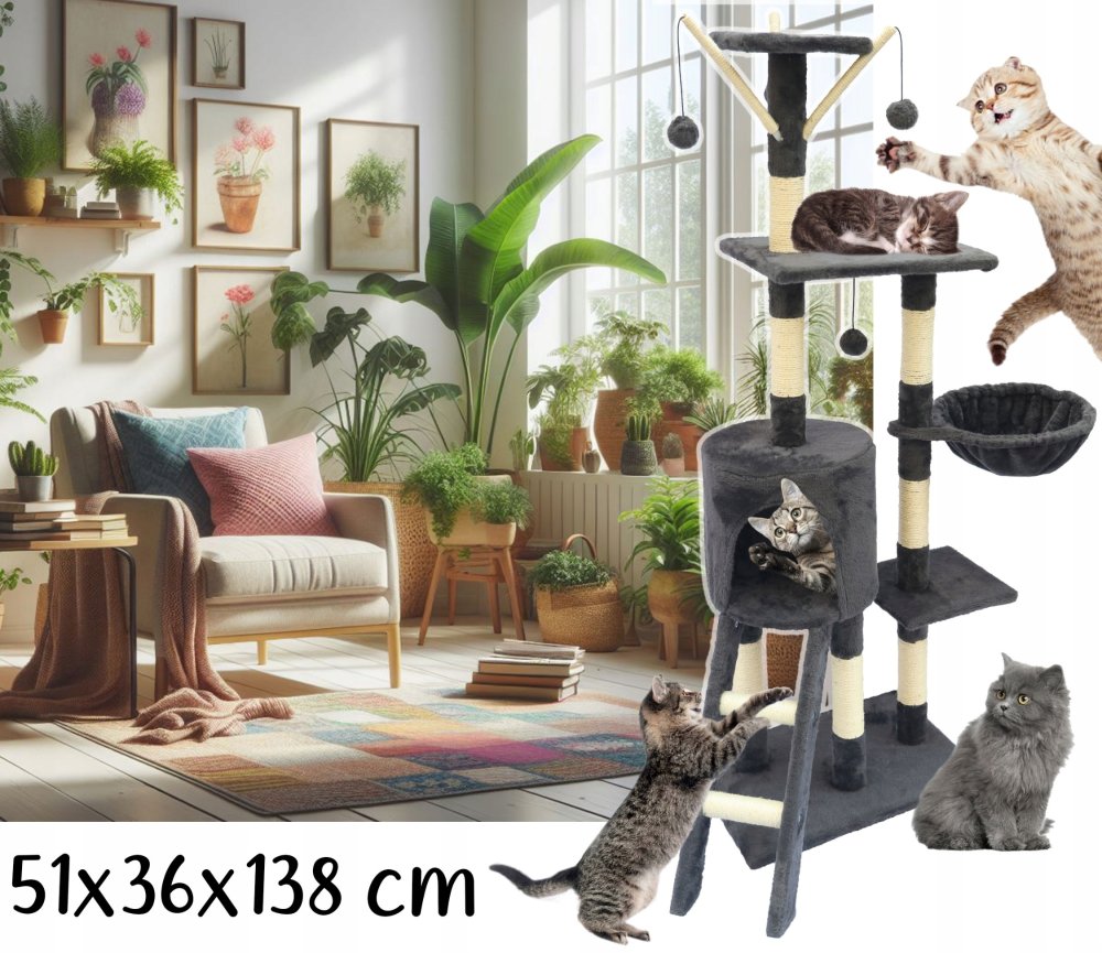 Cat House Tree with Sisal Scratching Posts - 138cm, 6 levels (3)