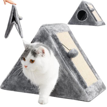 Triangle Cat Scratcher House with Bed and Toy Ball, Grey