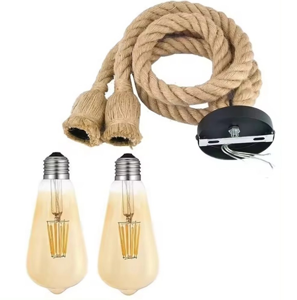 Double ceiling lamp with E27 and jute rope, black/brown (0)
