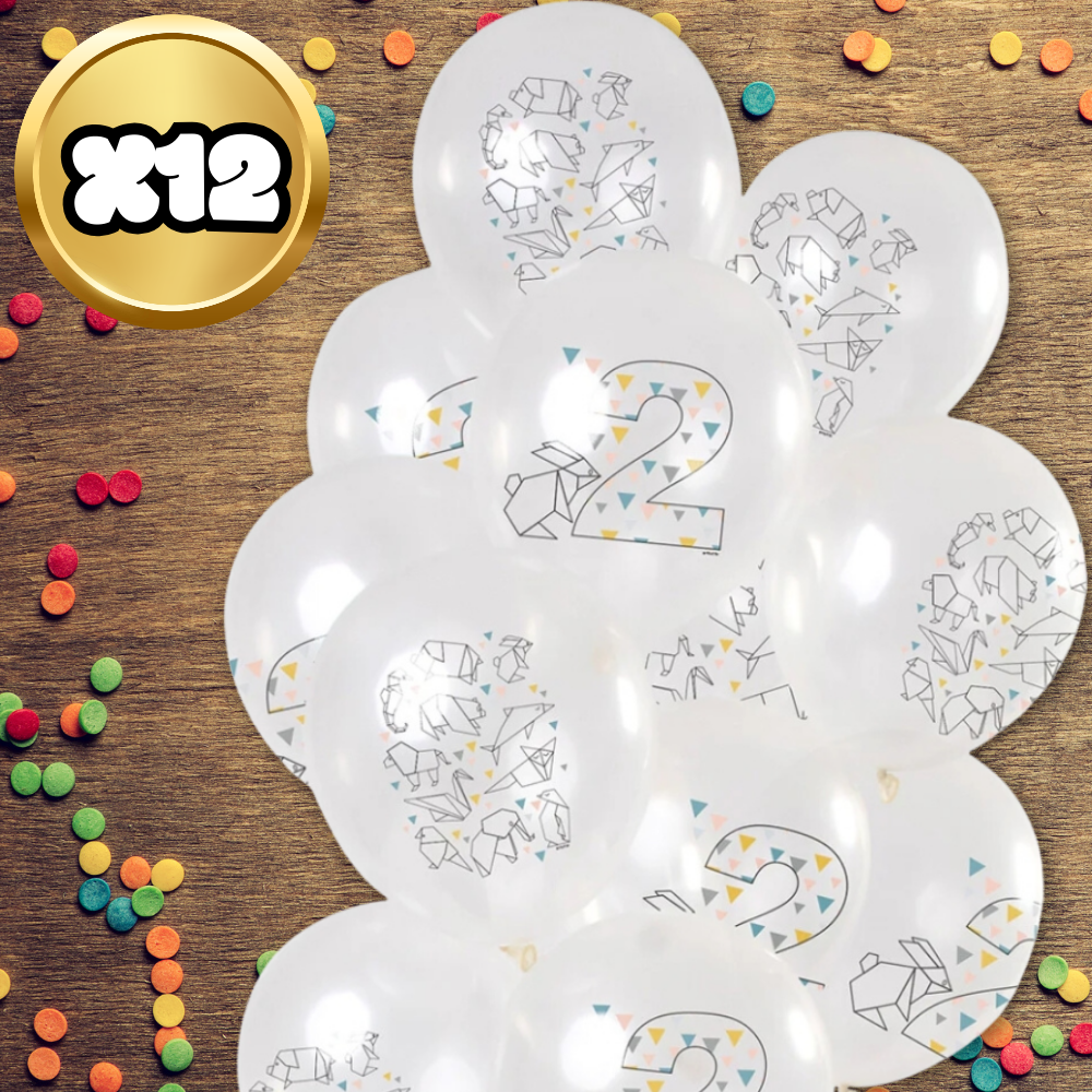 Transparent 2nd Birthday Balloons with Origami Print, 12 Pack, White (3)