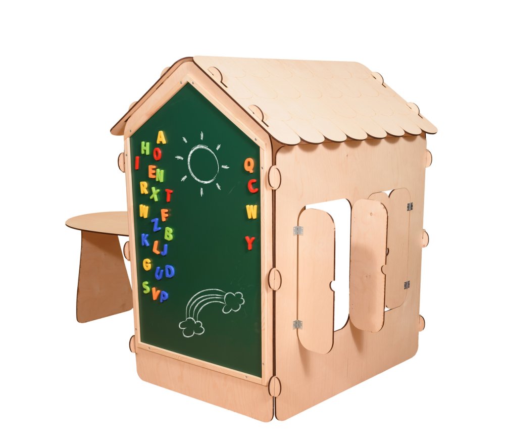 Kids Indoor Outdoor Garden Wooden Play House with Table and Chalk Board, 86x137x105 cm (10)