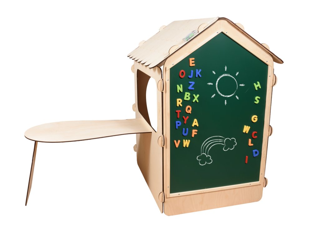 Kids Indoor Outdoor Garden Wooden Play House with Table and Chalk Board, 86x137x105 cm (1)