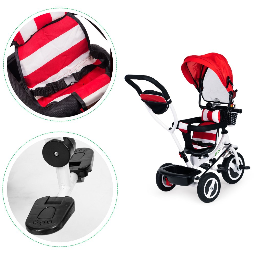ECOTOYS 3-in-1 Toddler Tricycle with Push Handle and Canopy, Red (3)