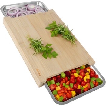 Ruhhy 25707 Bamboo Cutting Board with 2 Slide-Out Stainless Steel Containers