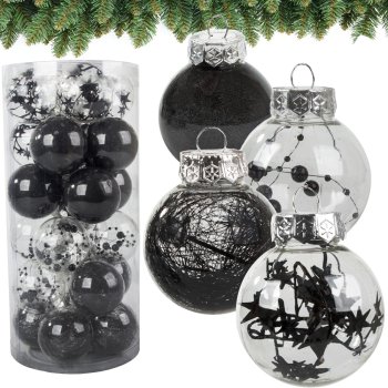 Christmas Tree Decoration Baubles, Black and Transparent, Unbreakable, 24 pcs Set, 6 cm