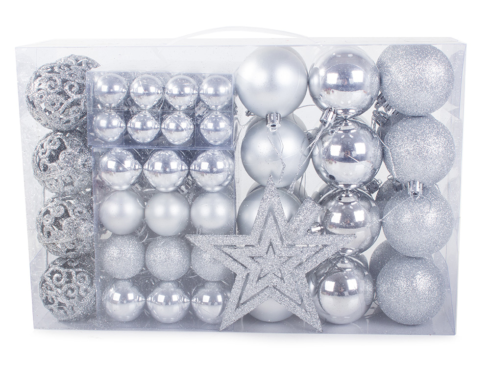 100 Pieces Christmas Tree Decoration Balls and Star Set, Silver (9)