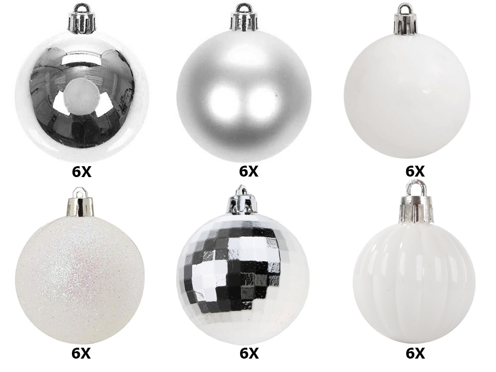 Christmas Tree Baubles, White and Silver, Unbreakable, 36 pcs Set, 6 cm (7)