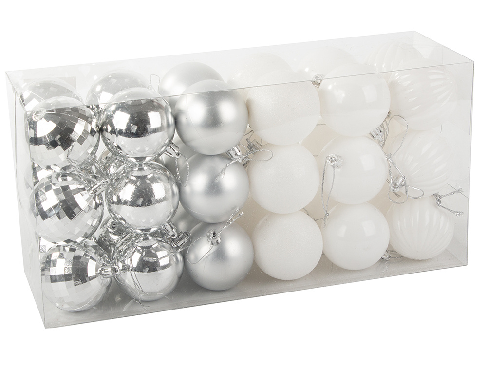 Christmas Tree Baubles, White and Silver, Unbreakable, 36 pcs Set, 6 cm (8)
