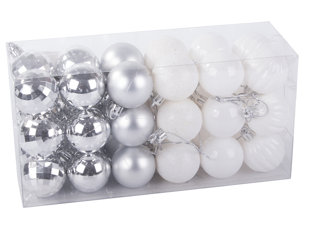 Christmas Tree Baubles, White and Silver, Unbreakable, 36 pcs Set, 3 cm (0)