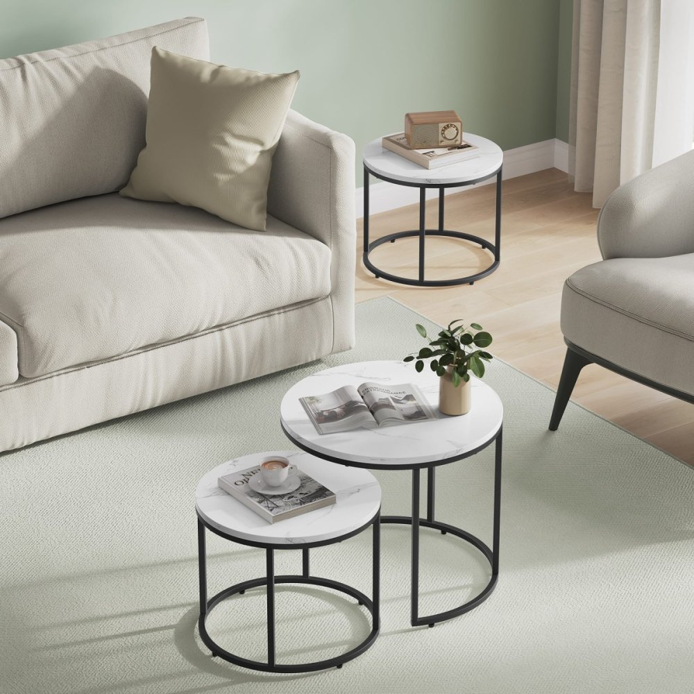 Round Nested Coffee Table Set of 2 Marble Effect, Black (0)