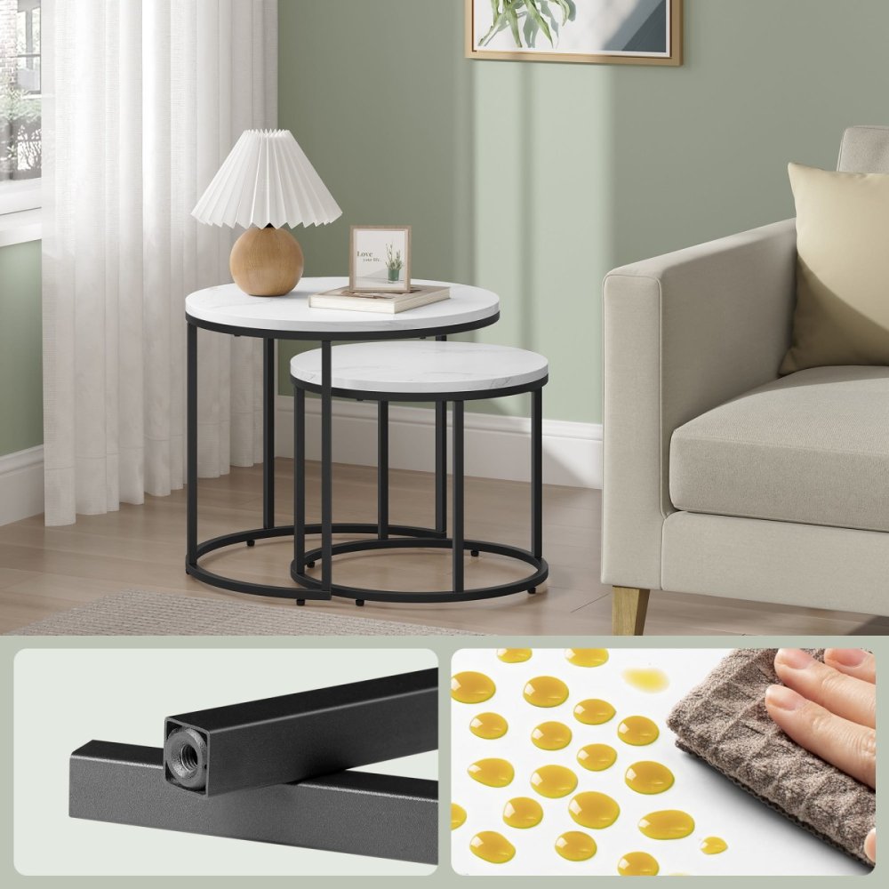 Round Nested Coffee Table Set of 2 Marble Effect, Black (2)