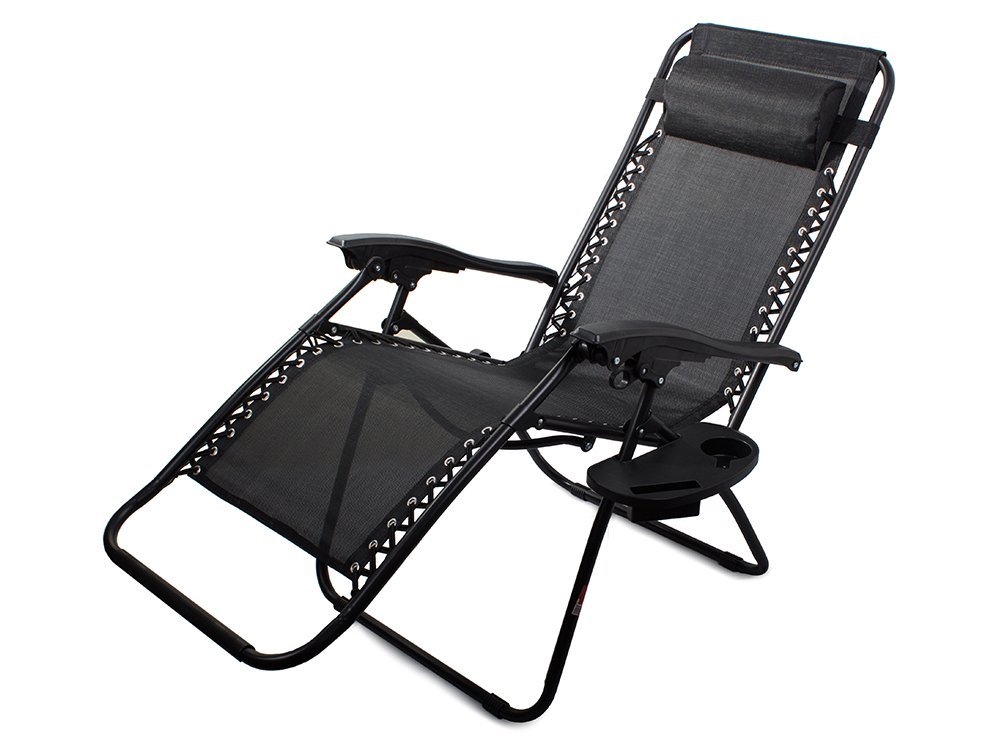 Garden Beach Deck Chair Folding Sunbed with Cup Holder, Black (0)