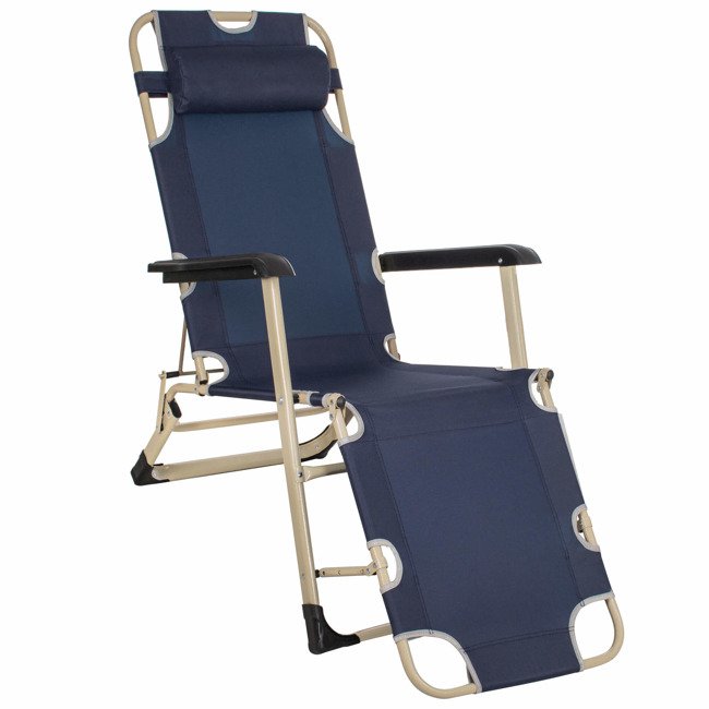 Garden Beach Deck Chair Folding Chair Sunbed with Headrest, Dark Blue (7)