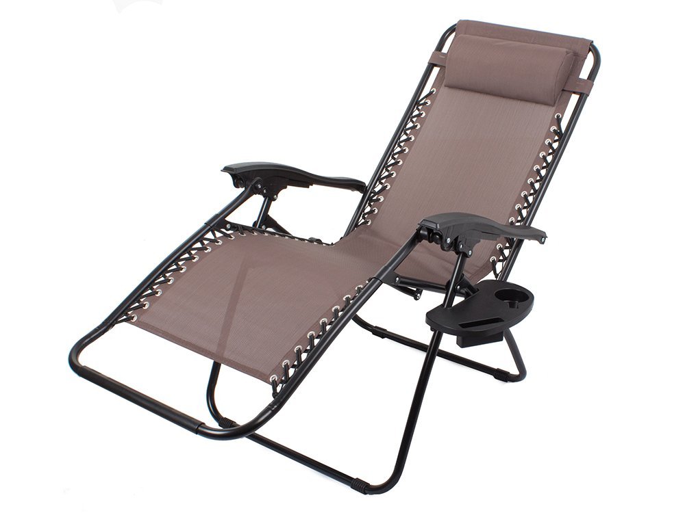 Garden Beach Deck Chair Folding Sunbed with Headrest and Cup Holder, Brown (1)