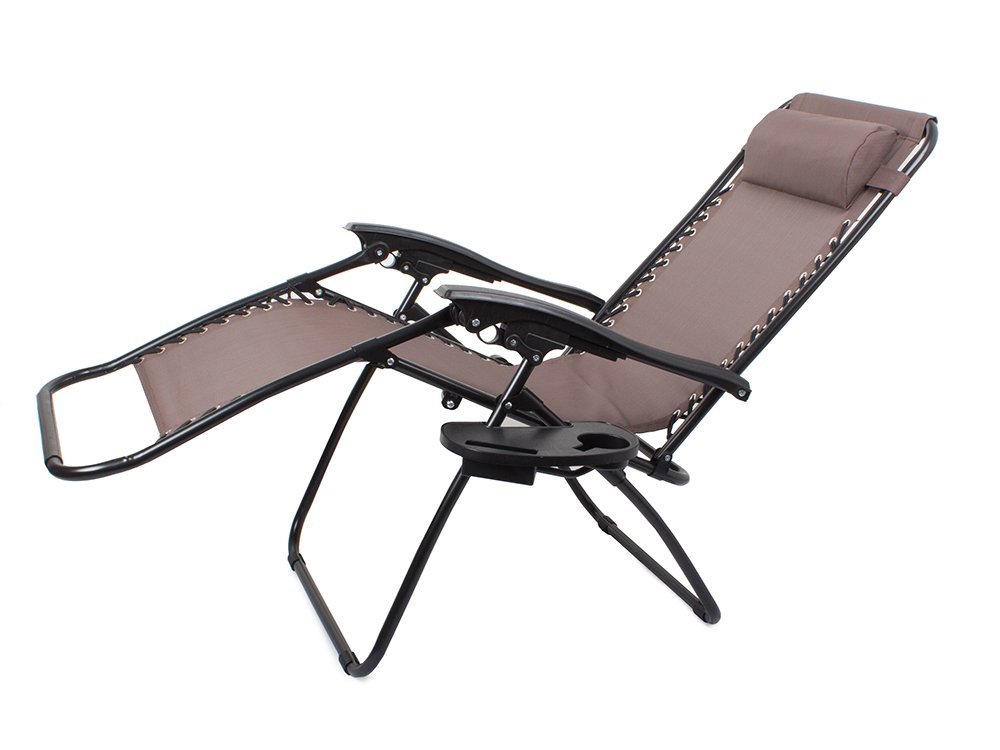 Garden Beach Deck Chair Folding Sunbed with Headrest and Cup Holder, Brown (9)