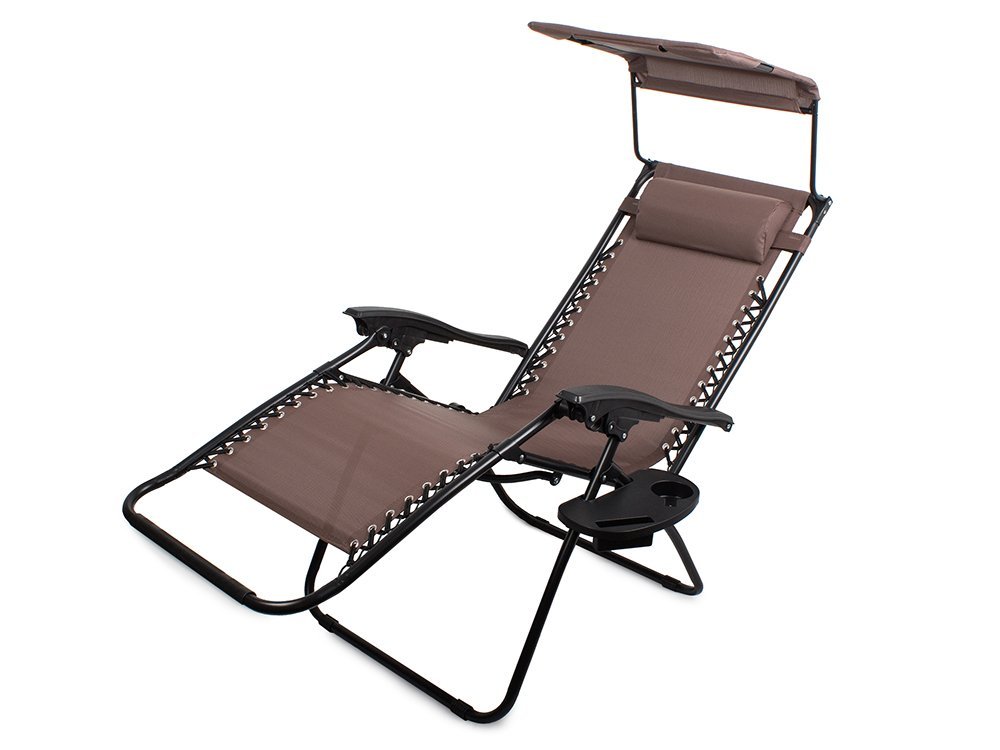 Garden Beach Deck Chair Folding Sunbed with Canopy and Cup Holder, Brown (7)
