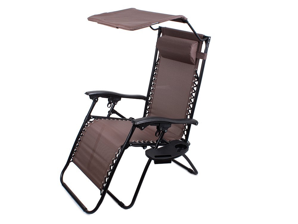 Garden Beach Deck Chair Folding Sunbed with Canopy and Cup Holder, Brown (8)