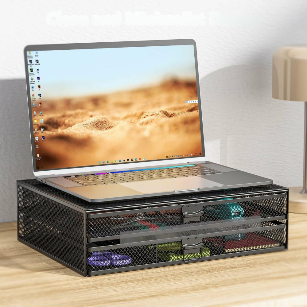 Metal Monitor Stand with 2 Drawers, Desk Organizer, black (2)