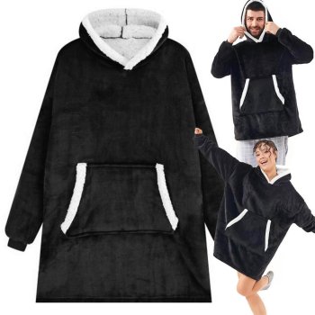 Oversized Blanket Hoodie, Warm and Soft Wearable Blanket with Hood and Pocket, Black