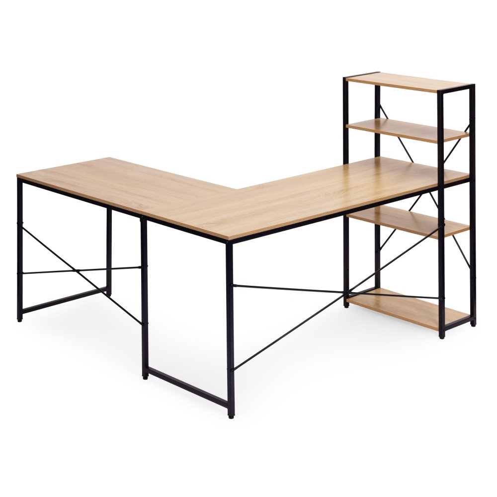 ModernHome Corner Desk with 4 Shelves L-Shaped Computer Desk, Light Oak (2)
