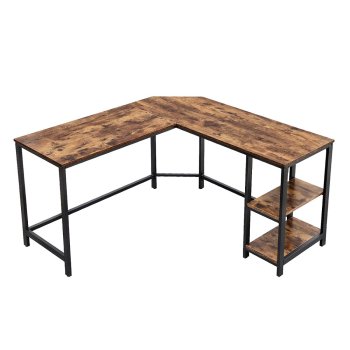 Corner computer desk with shelves, steel frame, brown