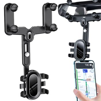 Adjustable Rearview Mirror Phone Mount, Rotatable Car Holder for All Phones, Black