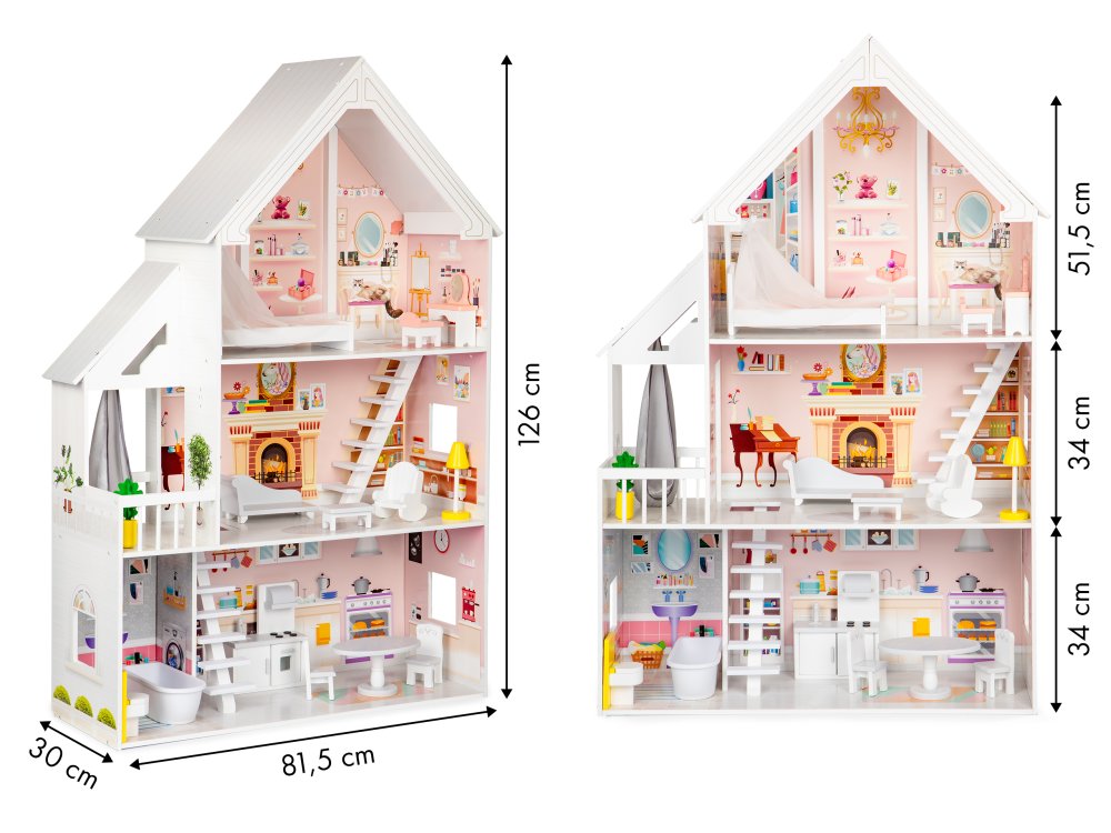 Wooden dollhouse with 3 floors, 15 furniture pieces, XXL, ECOTOYS, pink (3)