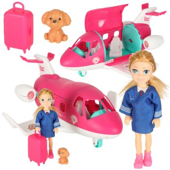 Foldable Doll Airplane Playset with Flight Attendant & Accessories, Pink