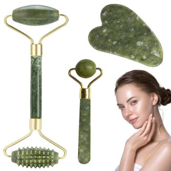 Set of Jade Rollers for Face and Neck Anti Ageing Massager and Gua Sha