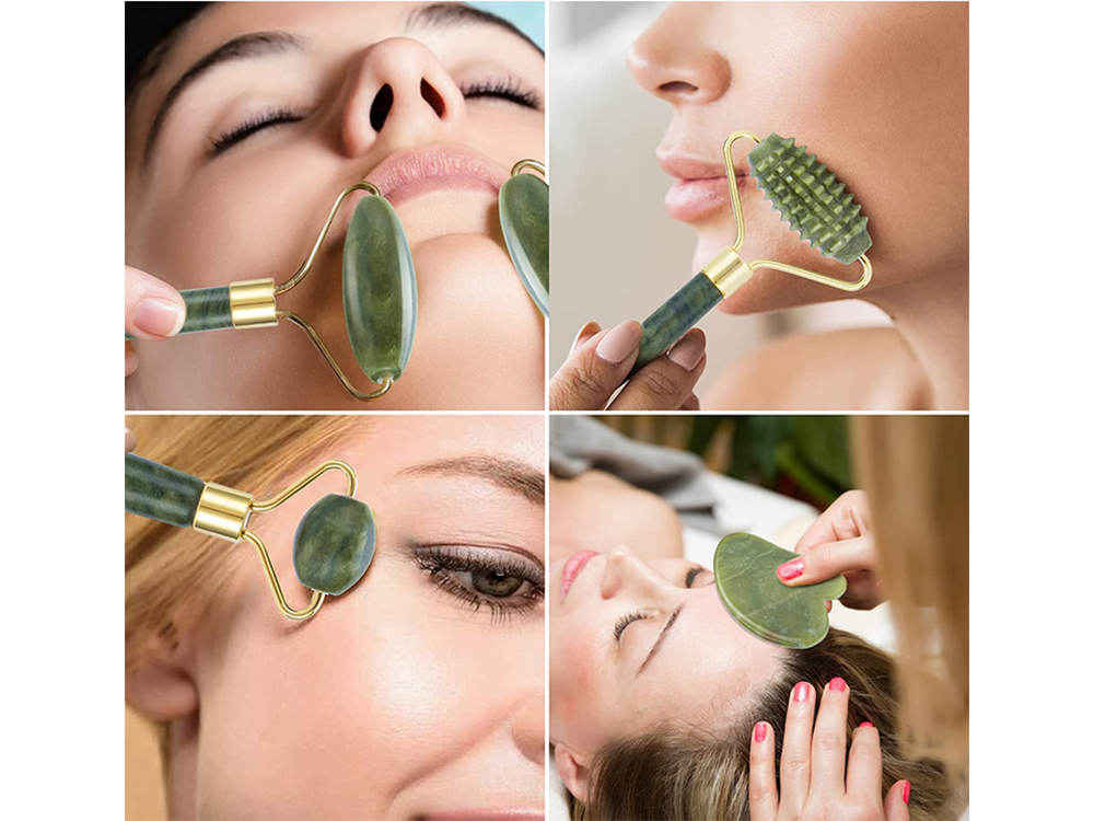 Set of Jade Rollers for Face and Neck Anti Ageing Massager and Gua Sha (2)