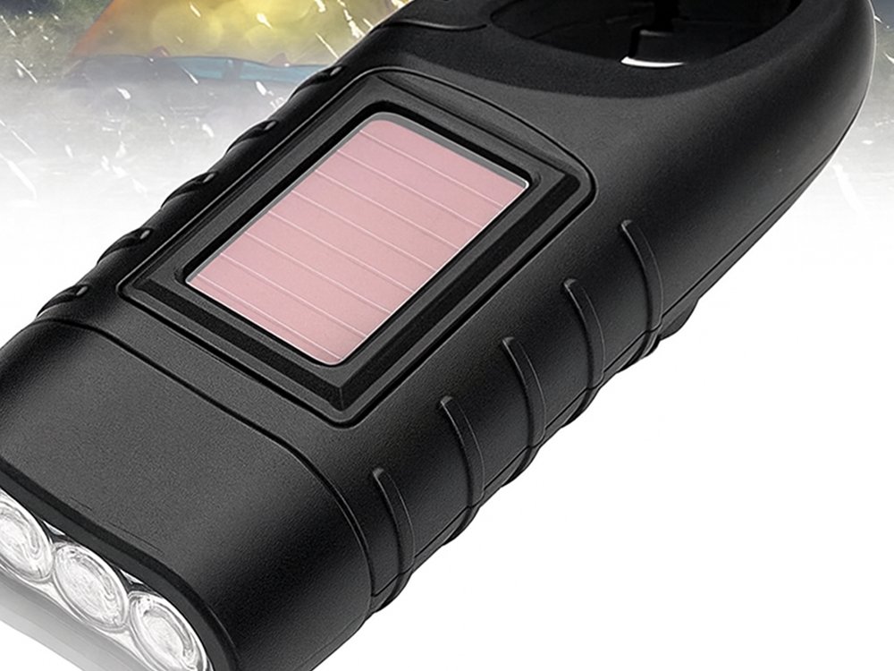 Hand Crank Solar Powered Dynamo Flashlight, 3 LED with Clip, Black (3)